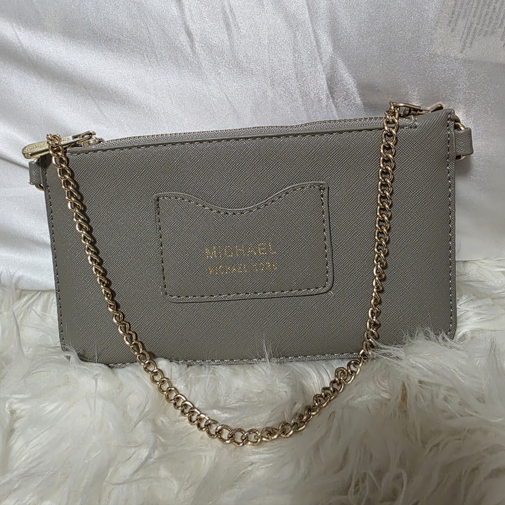 Michael Kors/ Saffiano Leather Gray Wristlet With Chain Strap